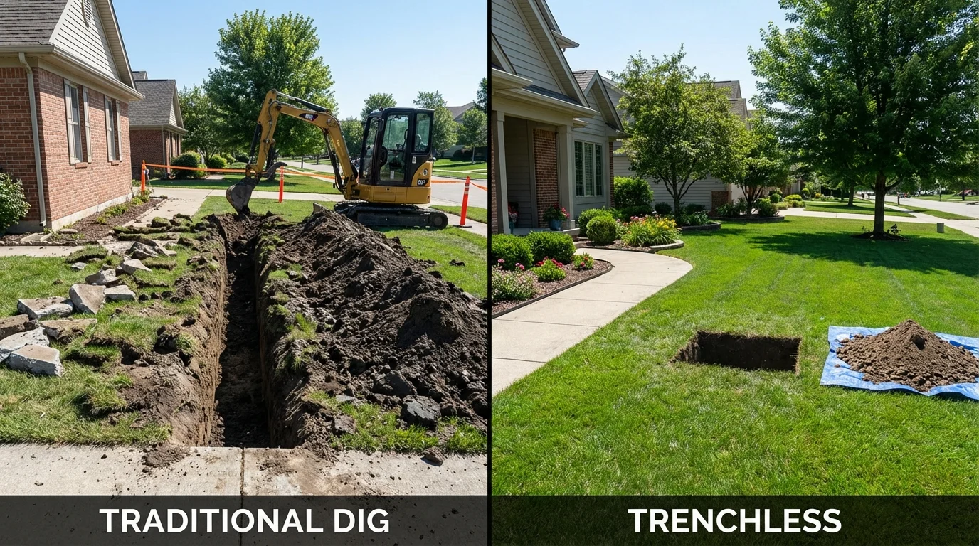 Trenchless sewer repair with minimal yard damage versus traditional excavation in Milford, IA