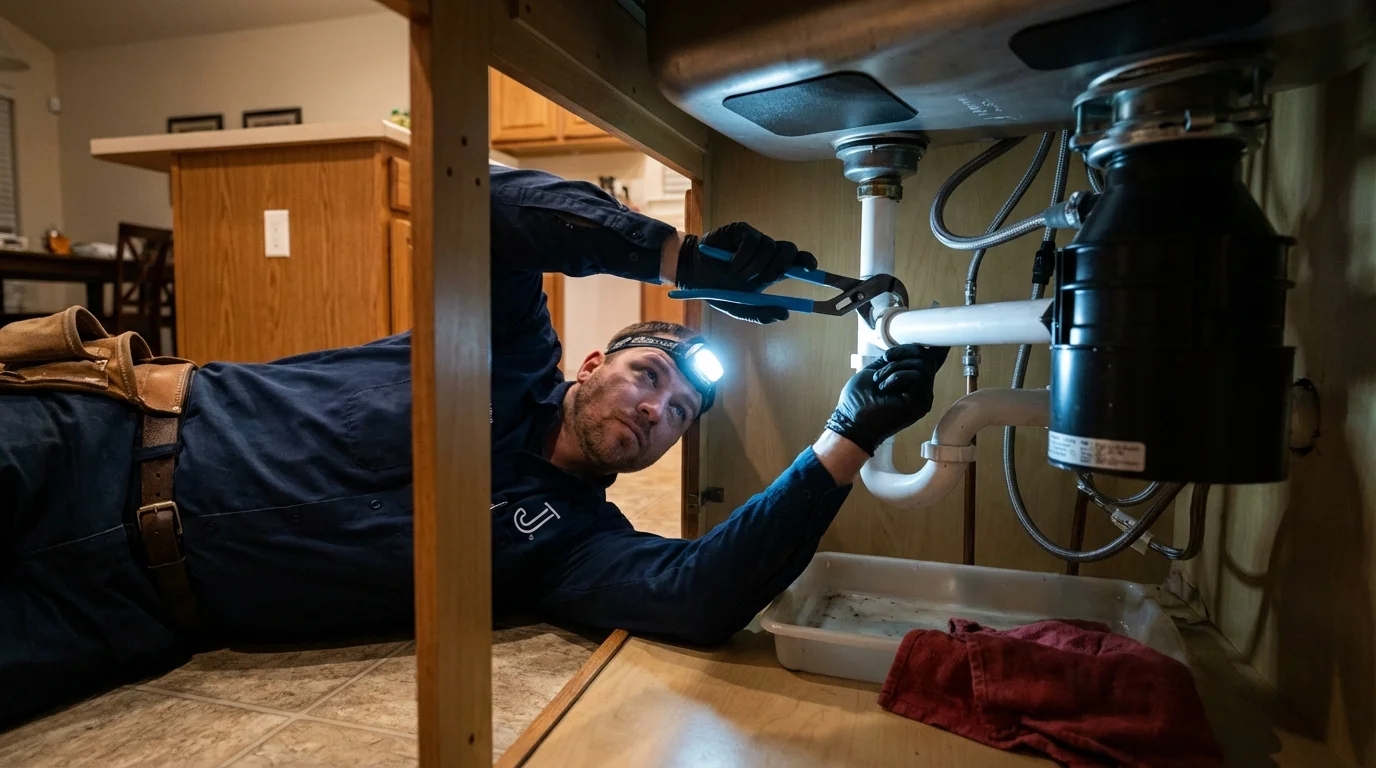 P-trap and supply line connections under a kitchen sink showing a common leak point in Milford, IA